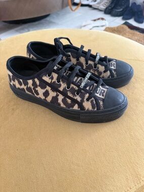 Dior Leopard Jacquard Low-Top Sneakers in Black and Beige